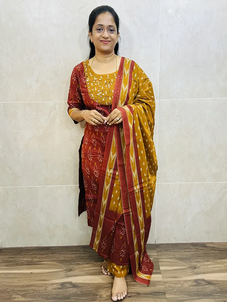 Printed Jaipur cotton top (cotton lining) with hand worked yoke paired with printed cotton dupatta and cotton bottom (straight cut)