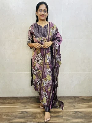 Printed premium rayon top (cotton lining) paired with printed Muslin silk dupatta and rayon bottom (free size)