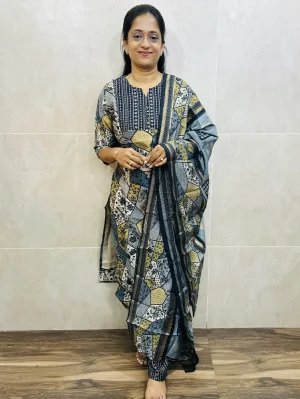 Printed premium rayon top (cotton lining) paired with printed Muslin silk dupatta and rayon bottom (free size)