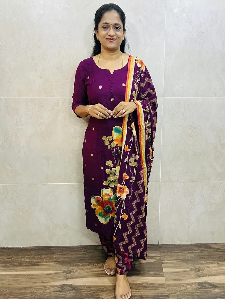 Printed rayon top paired with printed rayon dupatta and rayon bottom (straight cut)