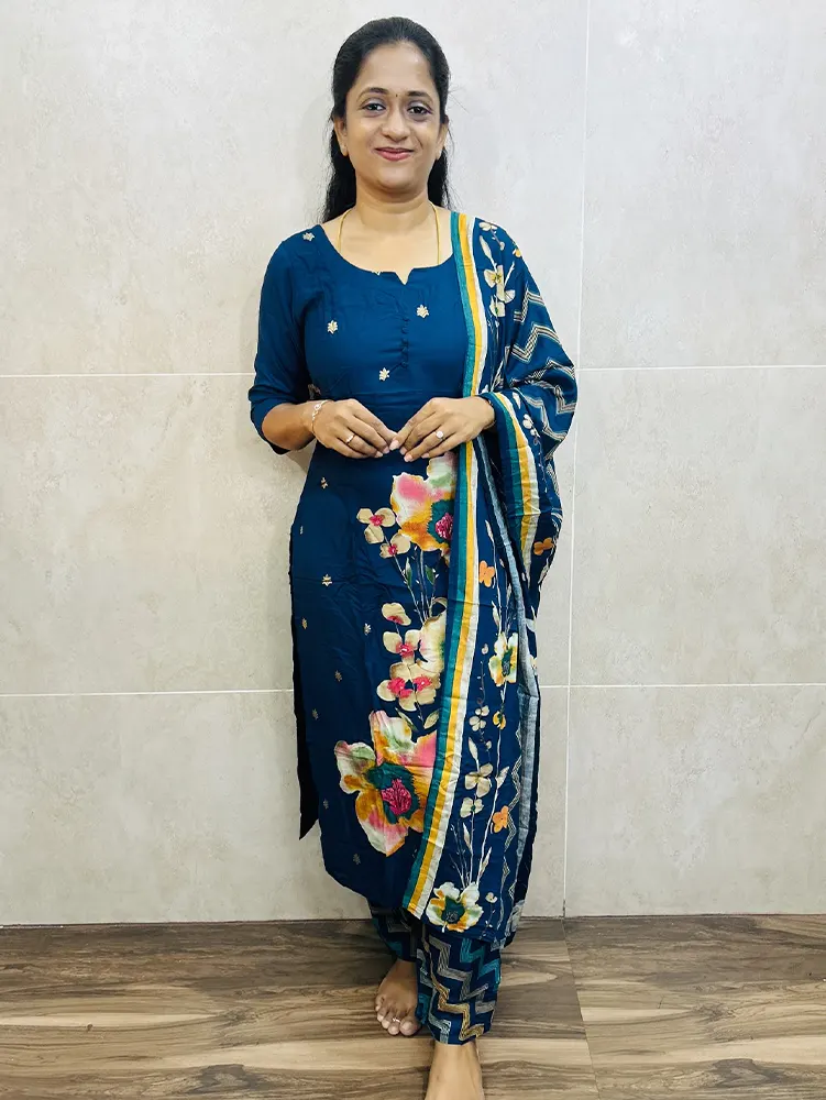 Printed rayon top paired with printed rayon dupatta and rayon bottom (straight cut)