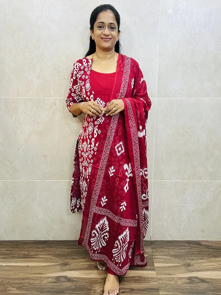 Printed Jaipur cotton top (cotton lining) paired with cotton dupatta and cotton bottom (Free size)