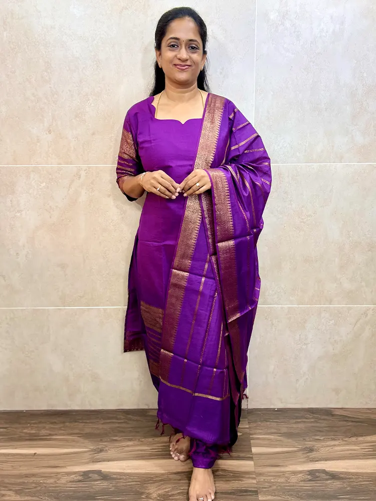 Premium soft silk top (cotton lining) with zari weaving buttas paired with zari weaved soft silk dupatta and silk bottom (free size)