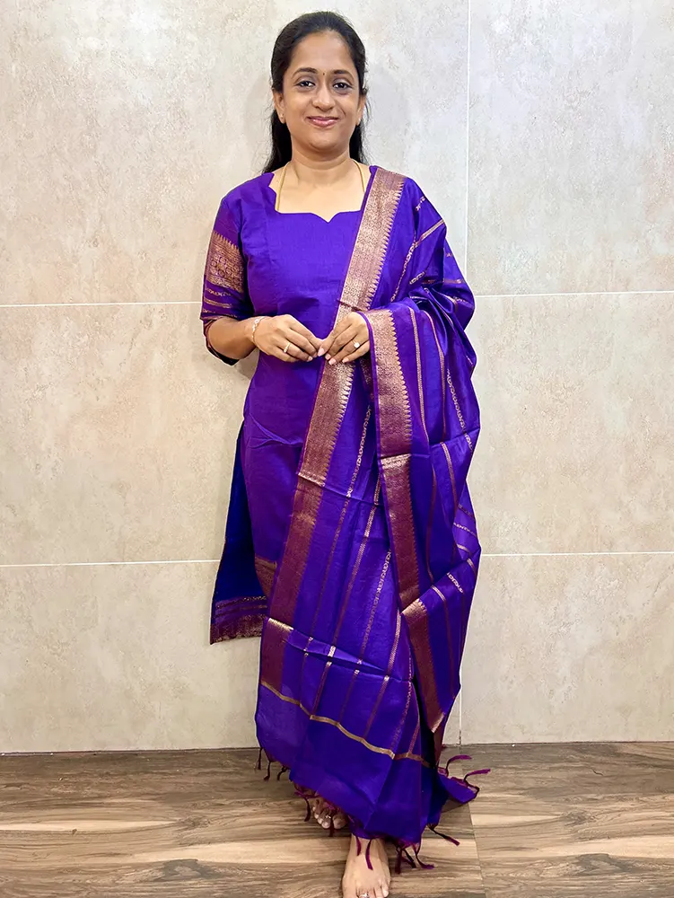 Premium soft silk top (cotton lining) with zari weaving buttas paired with zari weaved soft silk dupatta and silk bottom (free size)