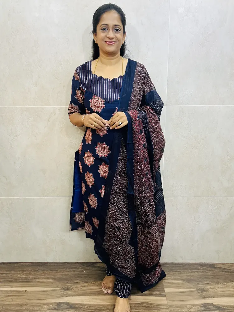 Ajrakh printed cotton top (cotton lining) paired with printed cotton dupatta and cotton bottom (free size)
