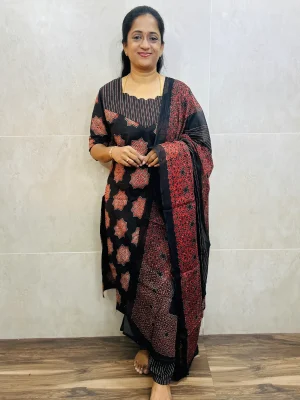 Ajrakh printed cotton top (cotton lining) paired with printed cotton dupatta and cotton bottom (free size)