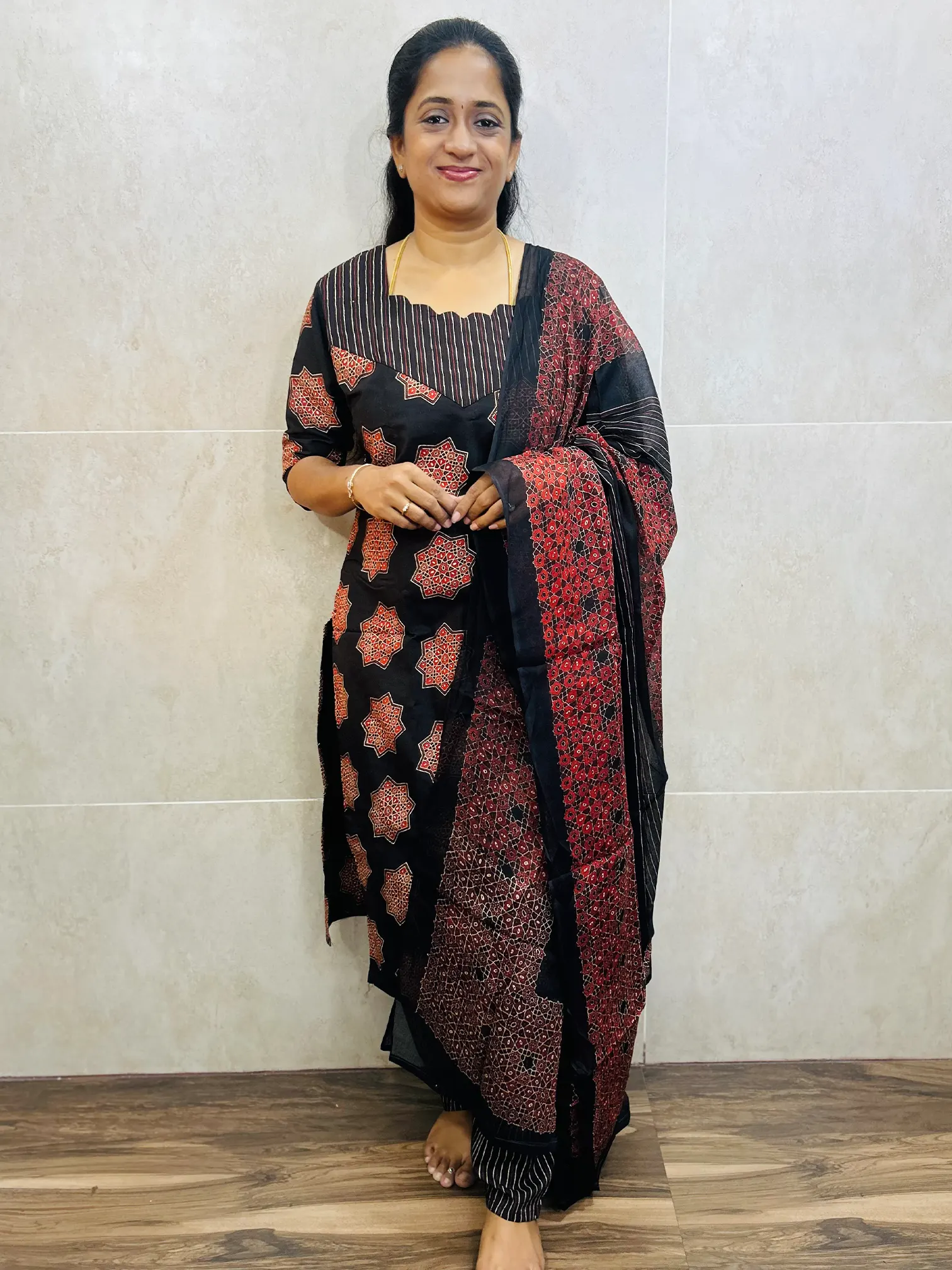 Ajrakh printed cotton top (cotton lining) paired with printed cotton dupatta and cotton bottom (free size)
