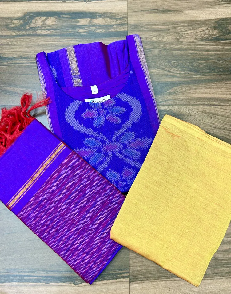 Premium Pochampally handloom silk cotton top (cotton lining) paired with silk cotton dupatta and silk bottom (Free size)