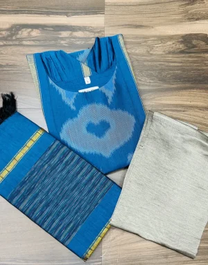 Premium Pochampally handloom silk cotton top (cotton lining) paired with silk cotton dupatta and silk bottom (Free size)