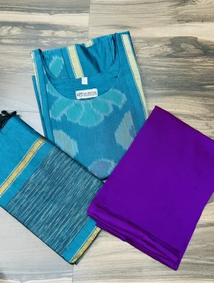 Premium Pochampally handloom silk cotton top (cotton lining) paired with silk cotton dupatta and silk bottom (Free size)