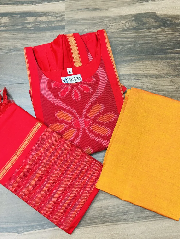 Premium Pochampally handloom silk cotton top (cotton lining) paired with silk cotton dupatta and silk bottom (Free size)