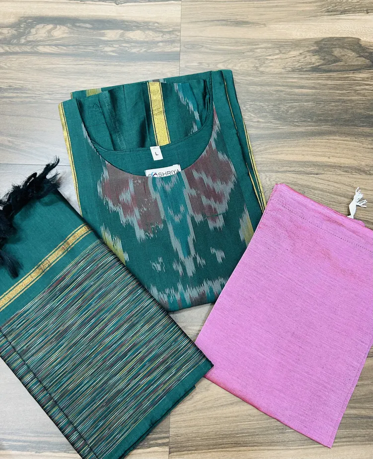 Premium Pochampally handloom silk cotton top (cotton lining) paired with silk cotton dupatta and silk bottom (Free size)