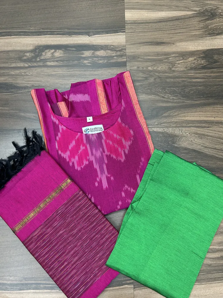 Premium Pochampally handloom silk cotton top (cotton lining) paired with silk cotton dupatta and silk bottom (Free size)
