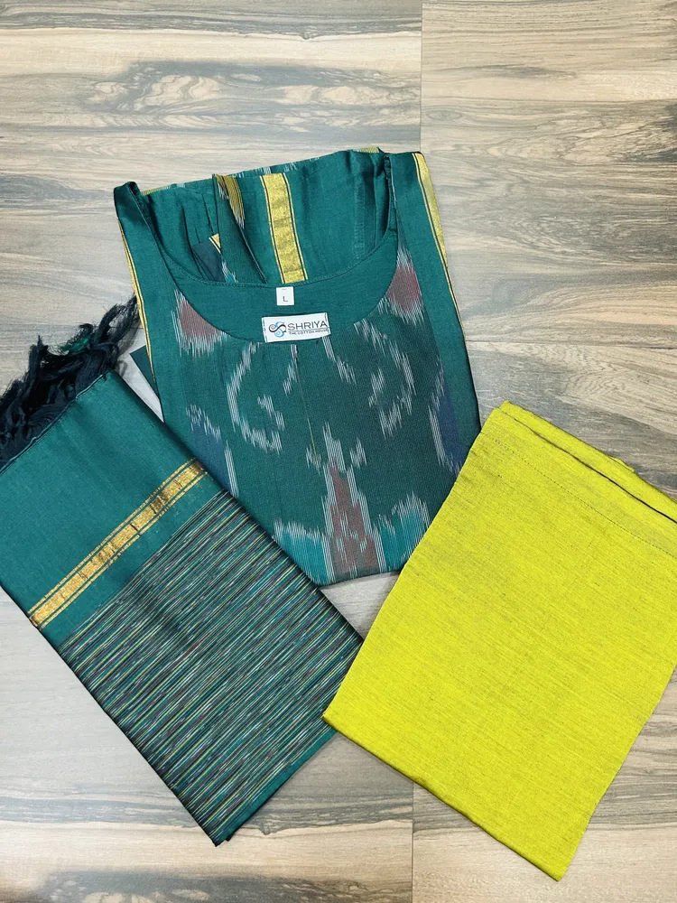Premium Pochampally handloom silk cotton top (cotton lining) paired with silk cotton dupatta and silk bottom (Free size)
