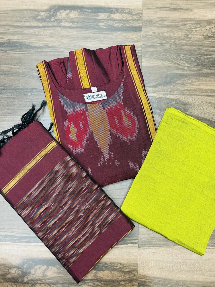 Premium Pochampally handloom silk cotton top (cotton lining) paired with silk cotton dupatta and silk bottom (Free size)