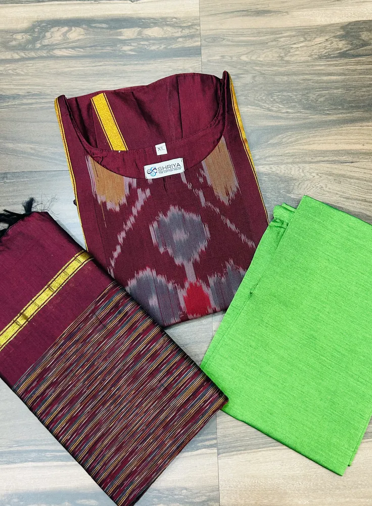Premium Pochampally handloom silk cotton top (cotton lining) paired with silk cotton dupatta and silk bottom (Free size)