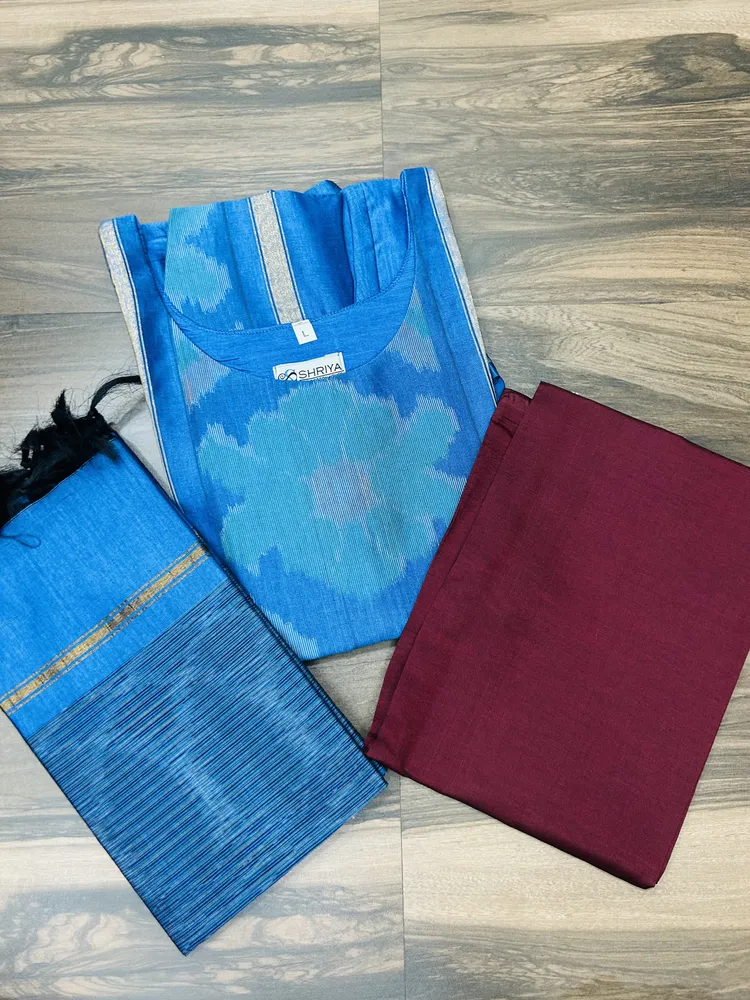 Premium Pochampally handloom silk cotton top (cotton lining) paired with silk cotton dupatta and silk bottom (Free size)
