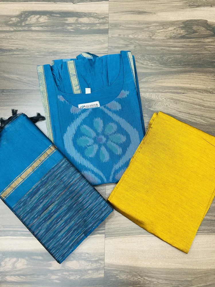 Premium Pochampally handloom silk cotton top (cotton lining) paired with silk cotton dupatta and silk bottom (Free size)