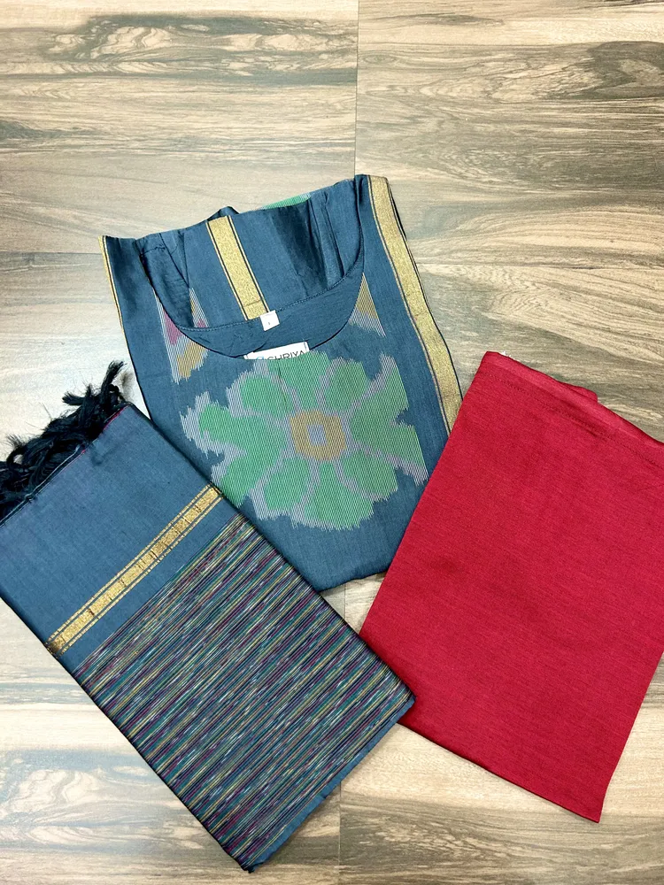 Premium Pochampally handloom silk cotton top (cotton lining) paired with silk cotton dupatta and silk bottom (Free size)