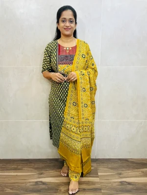 Ajrakh dyed cotton top(cotton lining)paired with printed cotton dupatta and cotton bottom(free size)