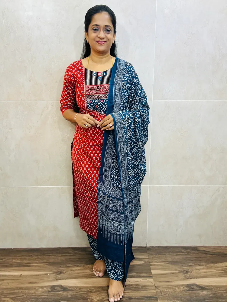 Ajrakh dyed cotton top(cotton lining)paired with printed cotton dupatta and cotton bottom(free size)