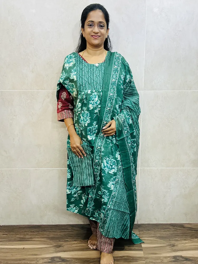 Cotton top (cotton lining) paired with cotton dupatta and cotton bottom (Straight cut)
