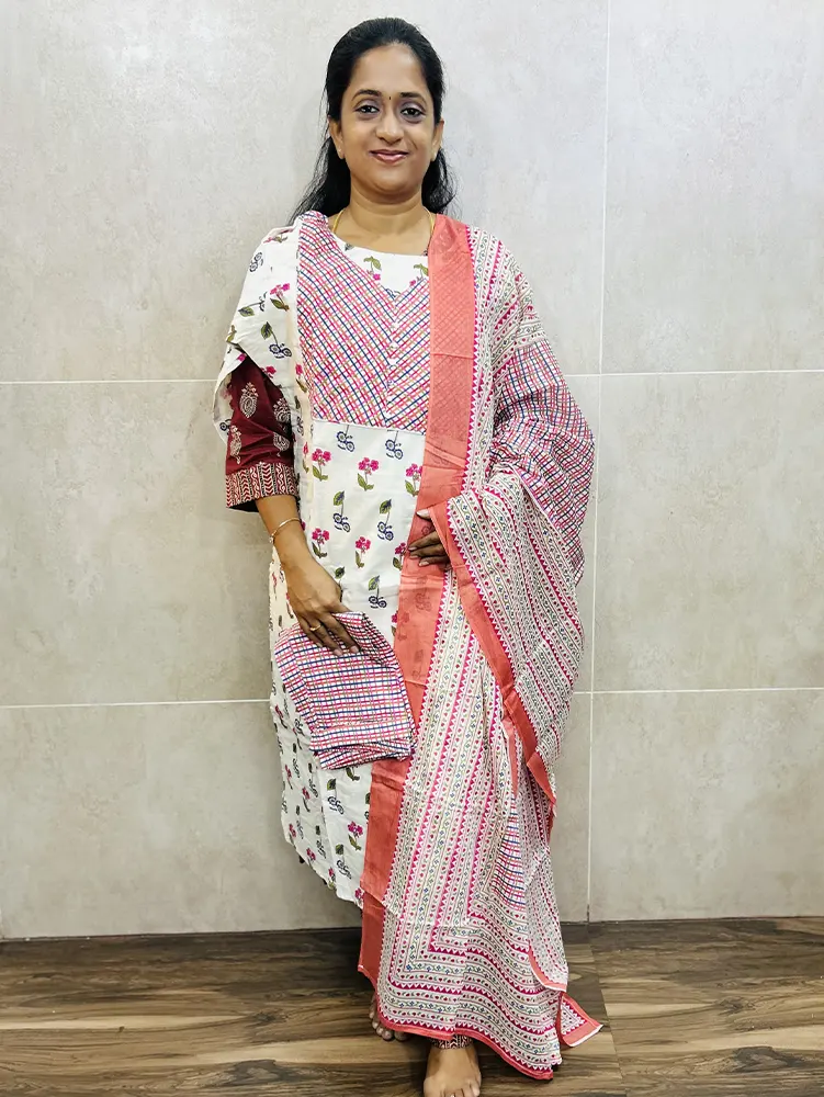 Cotton top (cotton lining) paired with cotton dupatta and cotton bottom (Straight cut)