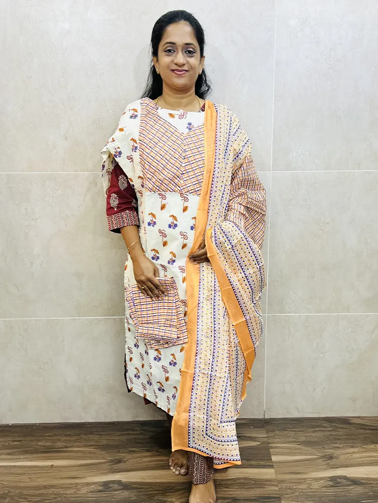 Cotton top (cotton lining) paired with cotton dupatta and cotton bottom (Straight cut)