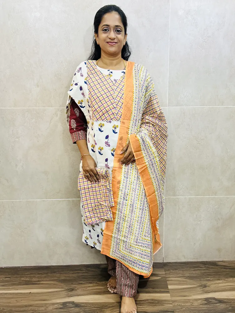 Cotton top (cotton lining) paired with cotton dupatta and cotton bottom (Straight cut)