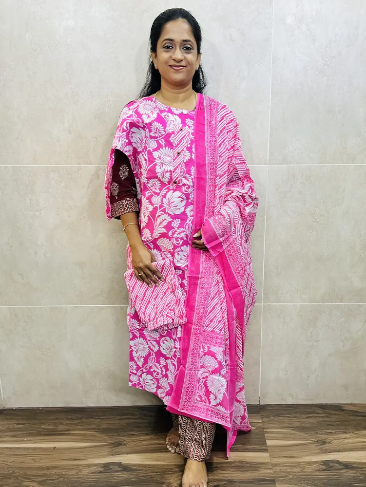 Cotton top (cotton lining) paired with cotton dupatta and cotton bottom (Straight cut)