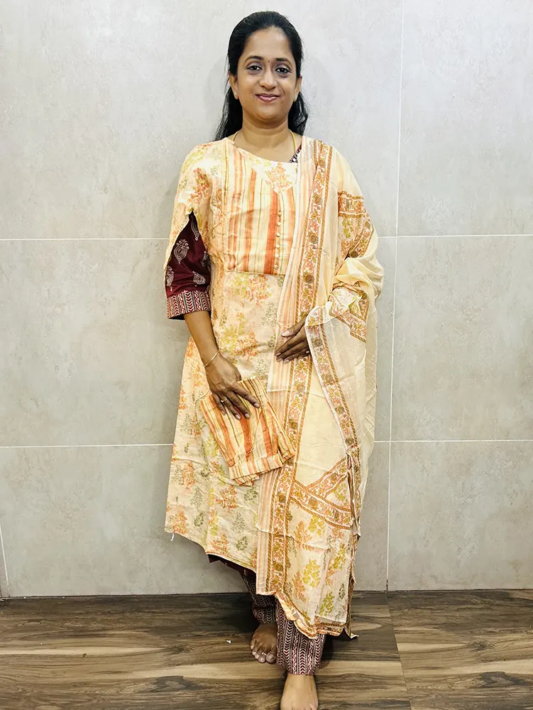 Cotton top (cotton lining) paired with cotton dupatta and cotton bottom (Straight cut)