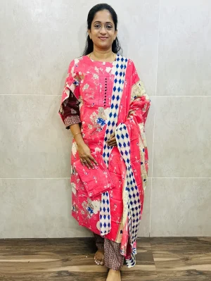 Cotton top (cotton lining) paired with cotton dupatta and cotton bottom (Straight cut)