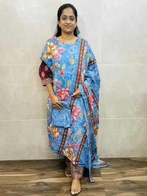 Cotton top (cotton lining) paired with cotton dupatta and cotton bottom (Straight cut)
