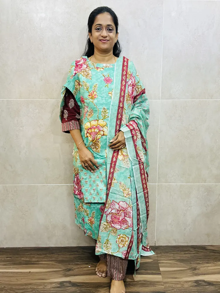 Cotton top (cotton lining) paired with cotton dupatta and cotton bottom (Straight cut)