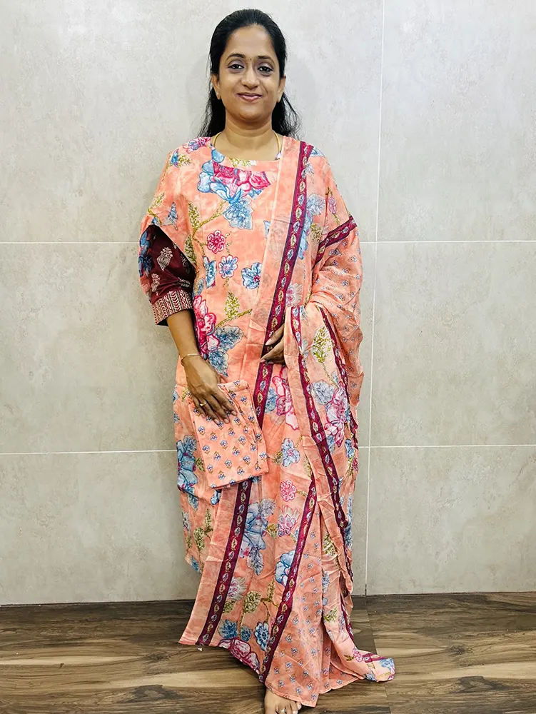 Cotton top (cotton lining) paired with cotton dupatta and cotton bottom (Straight cut)