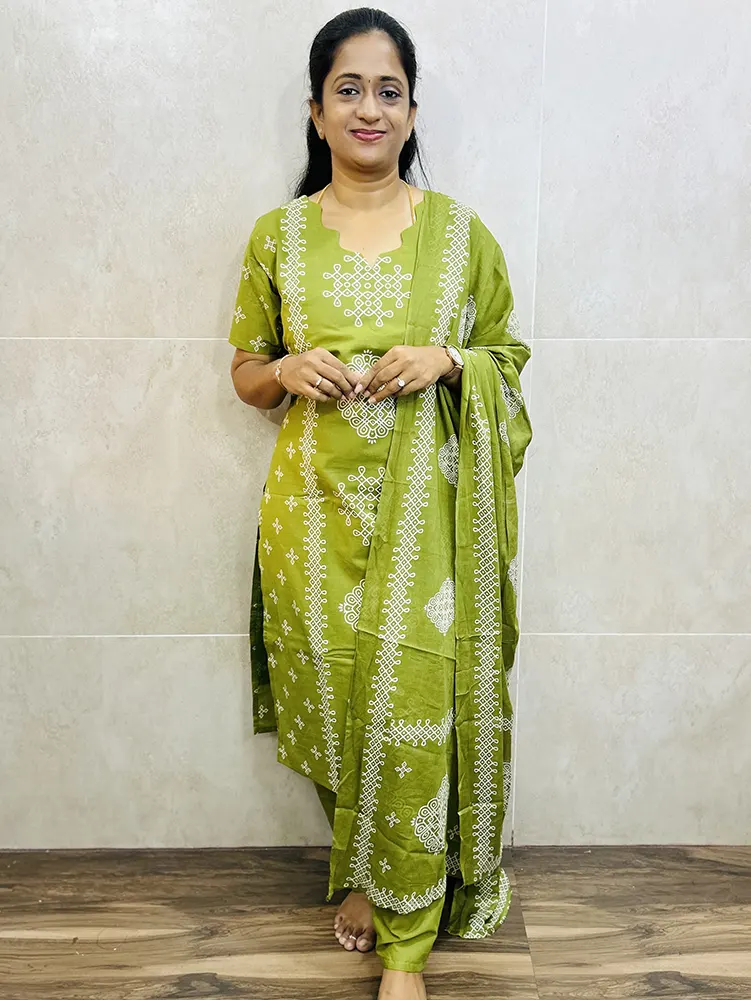 Printed Jaipur cotton top (cotton lining) with hand worked yoke paired with printed cotton dupatta and cotton bottom (Free size)
