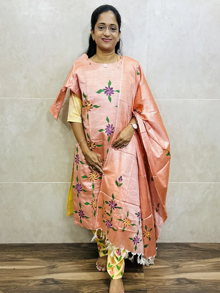 Printed Bhagalpur cotton top (cotton lining) paired with Bhagalpur cotton dupatta and cotton bottom (free size)