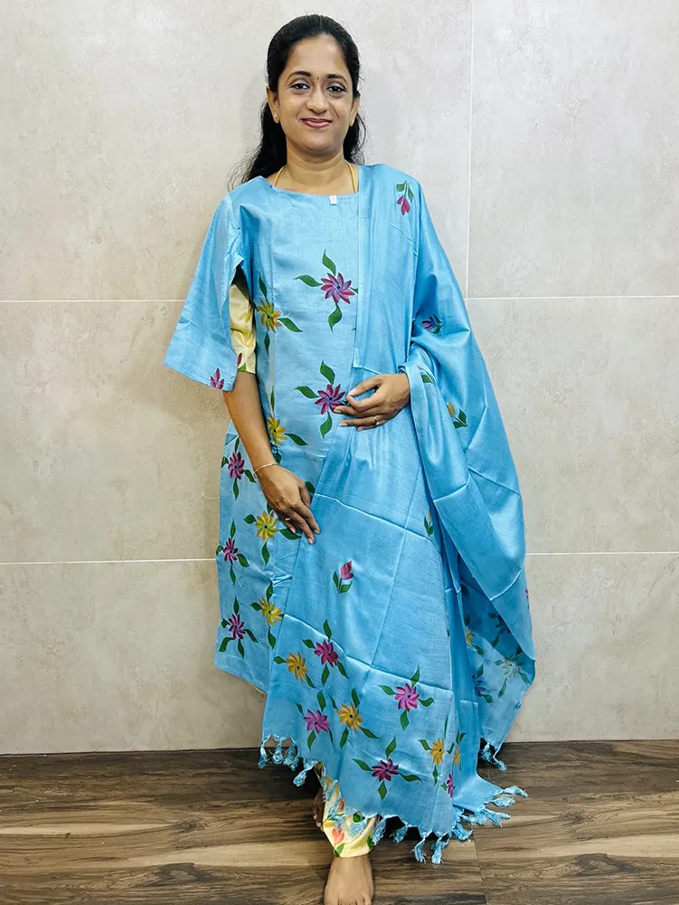 Printed Bhagalpur cotton top (cotton lining) paired with Bhagalpur cotton dupatta and cotton bottom (free size)