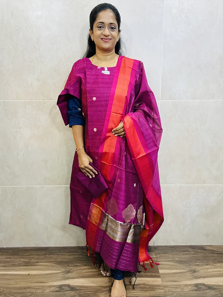 Premium semi jute silk top (cotton lining) with zari weaving buttas paired with zari weaved semi jute silk dupatta and silk bottom (free size)