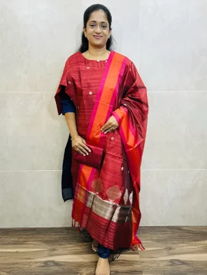 Premium semi jute silk top (cotton lining) with zari weaving buttas paired with zari weaved semi jute silk dupatta and silk bottom (free size)