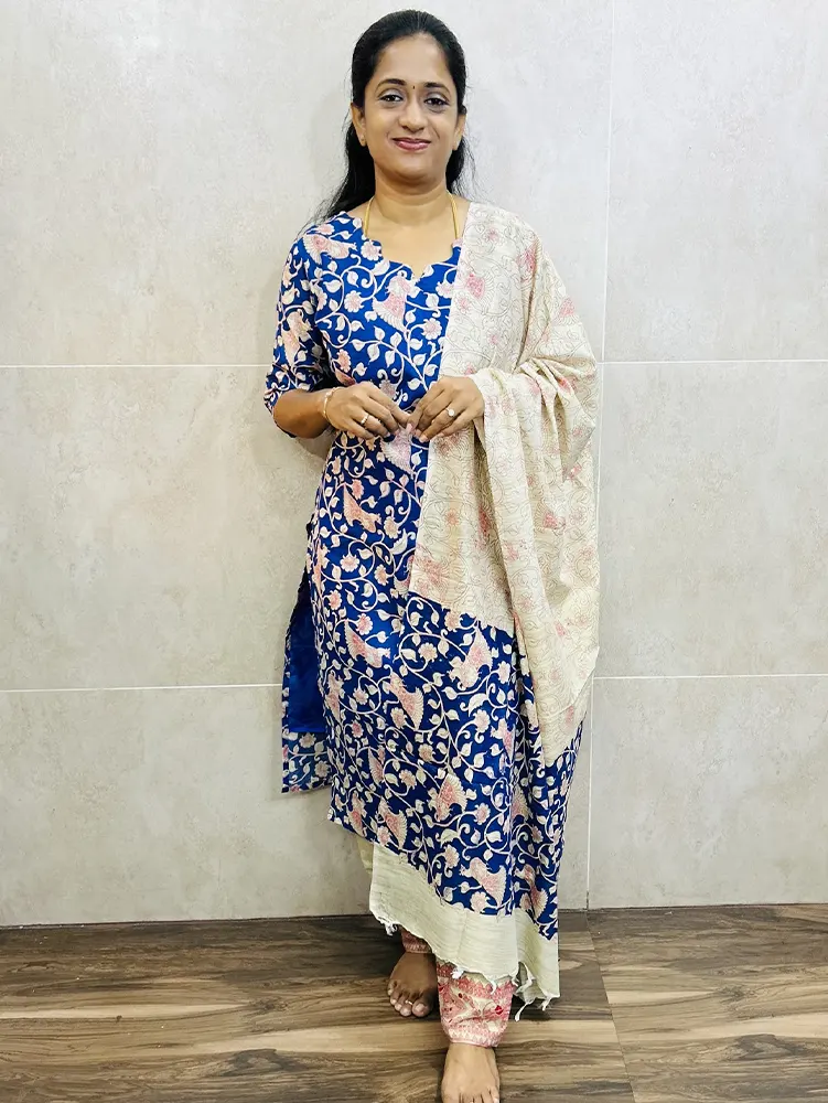 Printed Bhagalpur cotton top (cotton lining) paired with Bhagalpur cotton dupatta and cotton bottom (free size)