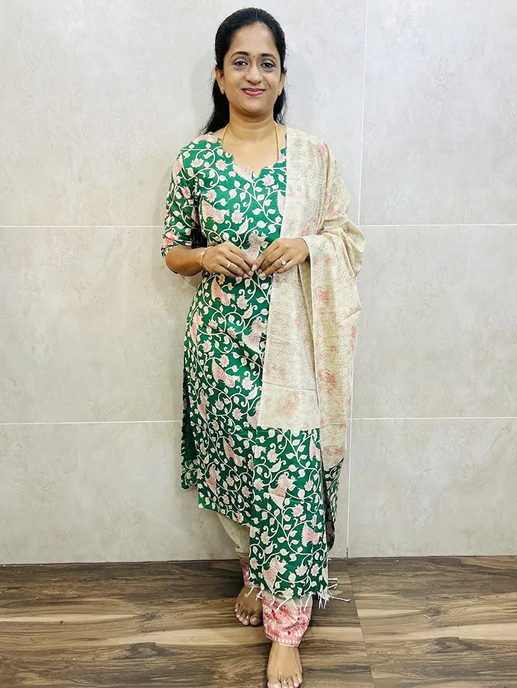 Printed Bhagalpur cotton top (cotton lining) paired with Bhagalpur cotton dupatta and cotton bottom (free size)