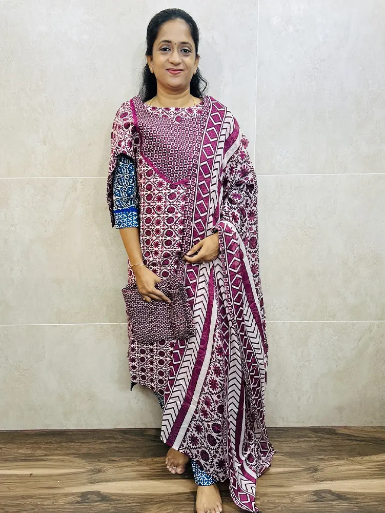 Cotton top (cotton lining) paired with cotton dupatta and cotton bottom (Straight cut)