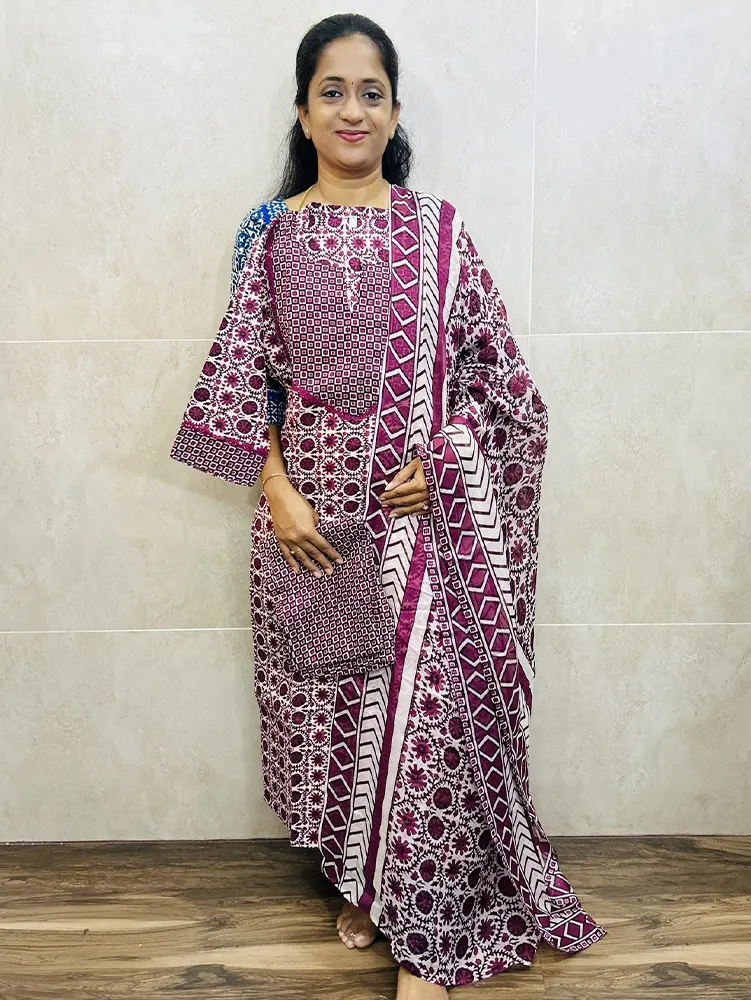 Cotton top (cotton lining) paired with cotton dupatta and cotton bottom (Straight cut)