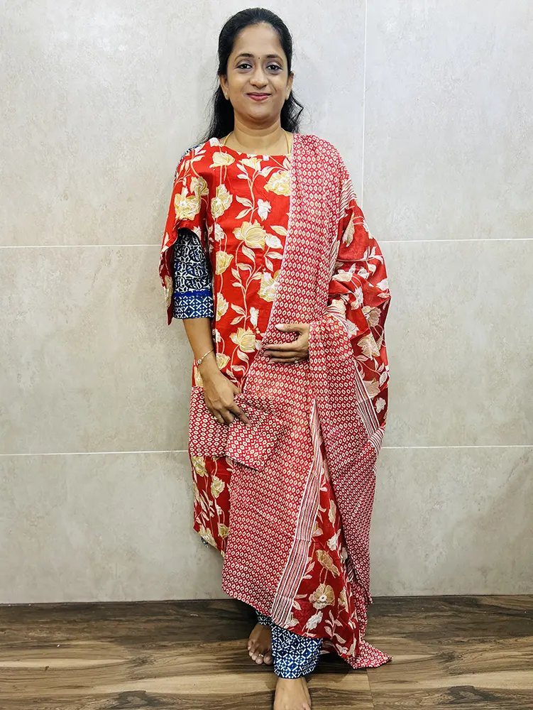 Cotton top (cotton lining) paired with cotton dupatta and cotton bottom (Straight cut)