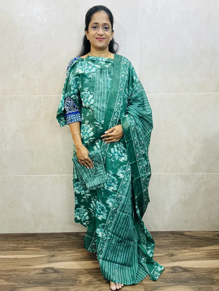 Cotton top (cotton lining) paired with cotton dupatta and cotton bottom (Straight cut)