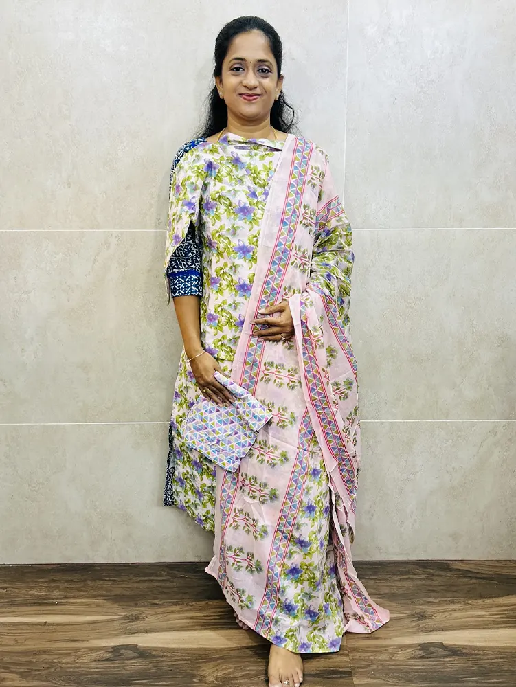 Cotton top (cotton lining) paired with cotton dupatta and cotton bottom (Straight cut)