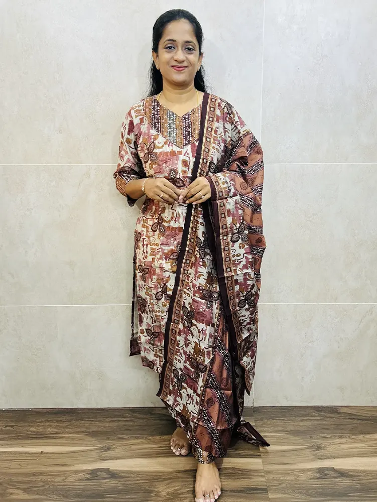 Printed premium rayon top (cotton lining) paired with printed Muslin silk dupatta and rayon bottom (free size)