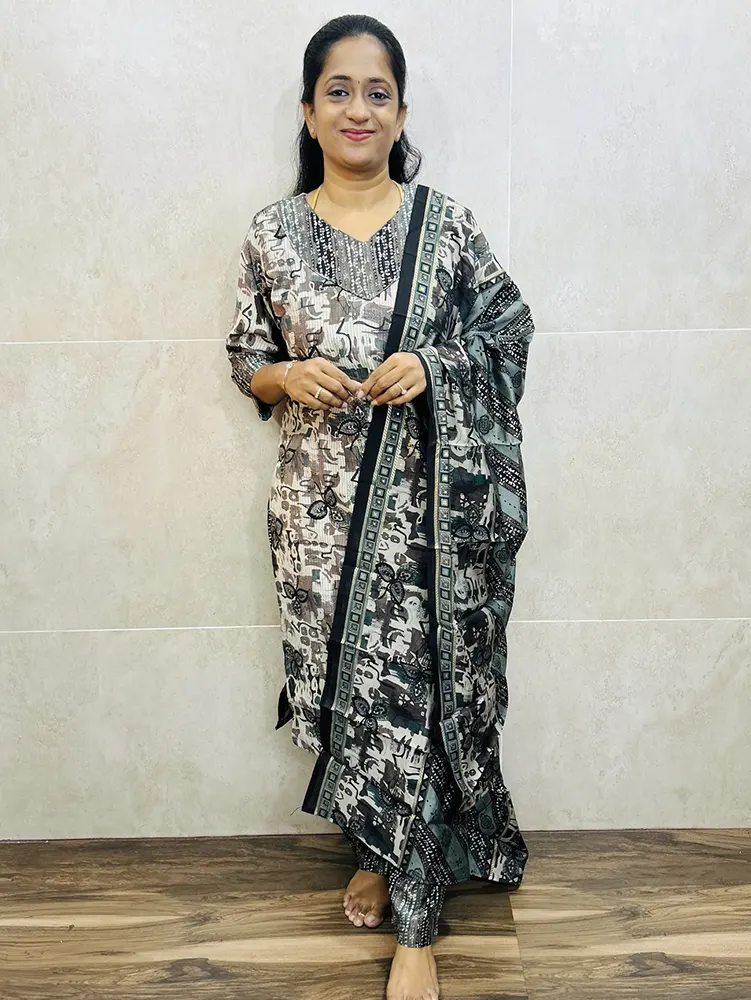 Printed premium rayon top (cotton lining) paired with printed Muslin silk dupatta and rayon bottom (free size)