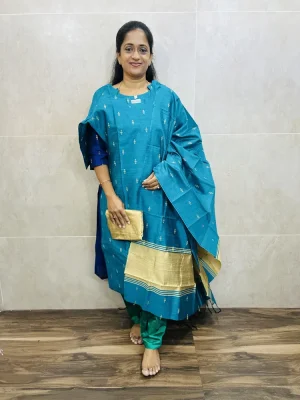Semi raw silk top (cotton lining) with all over thread weaving paired with semi raw silk dupatta and semi raw silk bottom (free size)